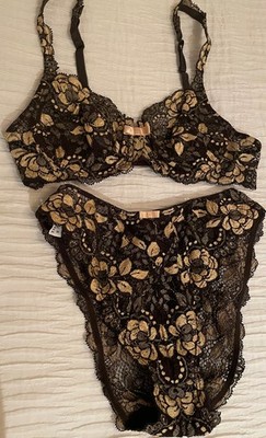 Lise Charmel Women Brown & Gold Floral Bra 32C & Underwear Size M Set