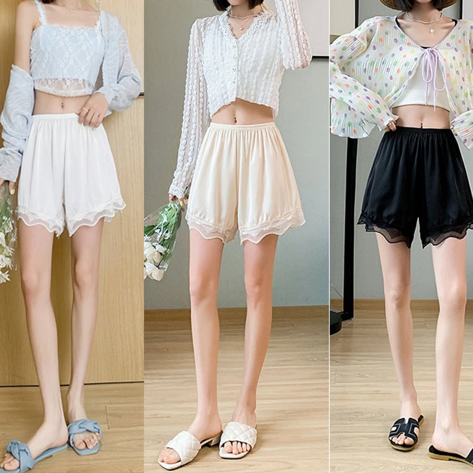 Graceful Lace Satin Safety Shorts for Summer Home Wear (Black Gray White Pink) - Image 3 of 4