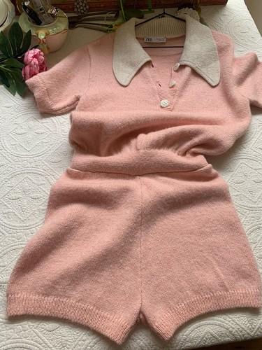 ZARA PINK SHORT KNIT JUMPSUIT WITH WHITE COLLAR SIZE L Cute Boho coastal Grammar - Picture 9 of 11