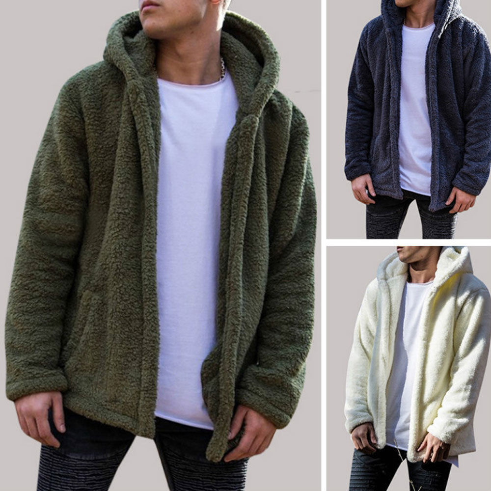 Warm Men's Thick Hoodies Tops Fluffy Fleece Fur Jacket Hooded Coat Outerwear Hot
