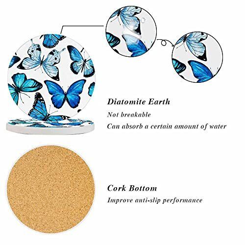 Coasters for Drinks Absorbent Set of 2 Animals Exquisite 4 Inch Butterfly Blue - Picture 4 of 7