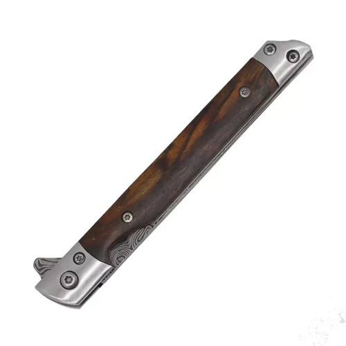 8" DAMASCUS Etched Slim BALL BEARING Flip Open Folding Pocket Knife w/ Sheath - Picture 3 of 5