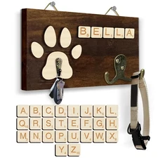 Dark Brown Dog Leash Holder Wall Mount, Pet Harness Hanger with Scrabble Letters