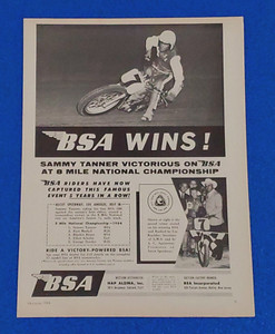 1964 BSA SAMMY TANNER WINS AT 8 MILE "BSA WINS" ORIGINAL PRINT AD ASCOT SPEEDWAY