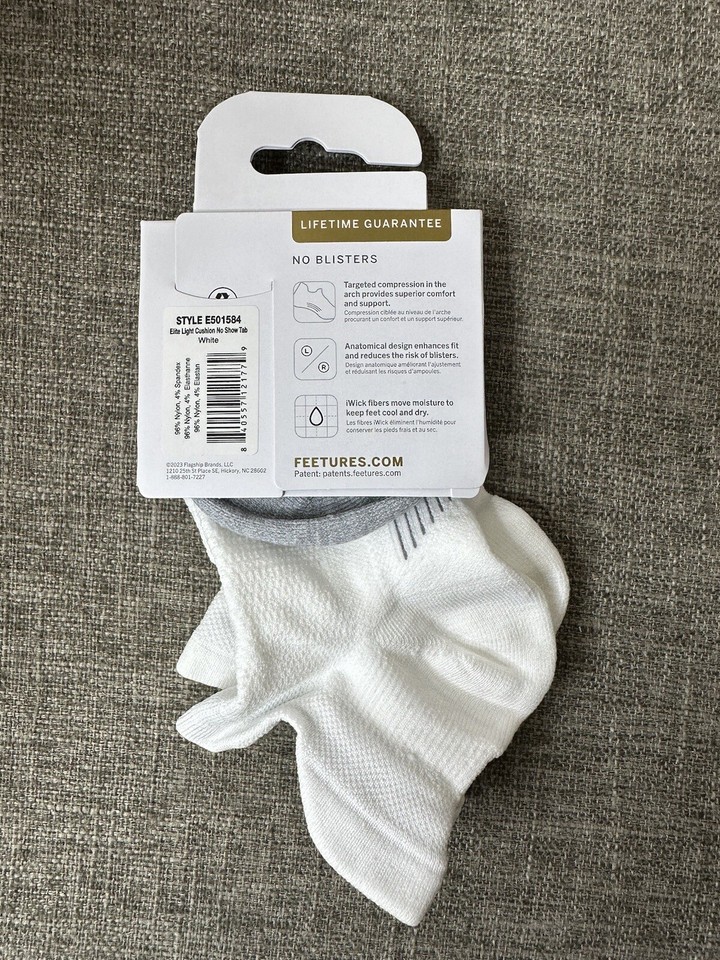 Feetures Elite Light Cushion White No Blisters No Show Tab Socks Size