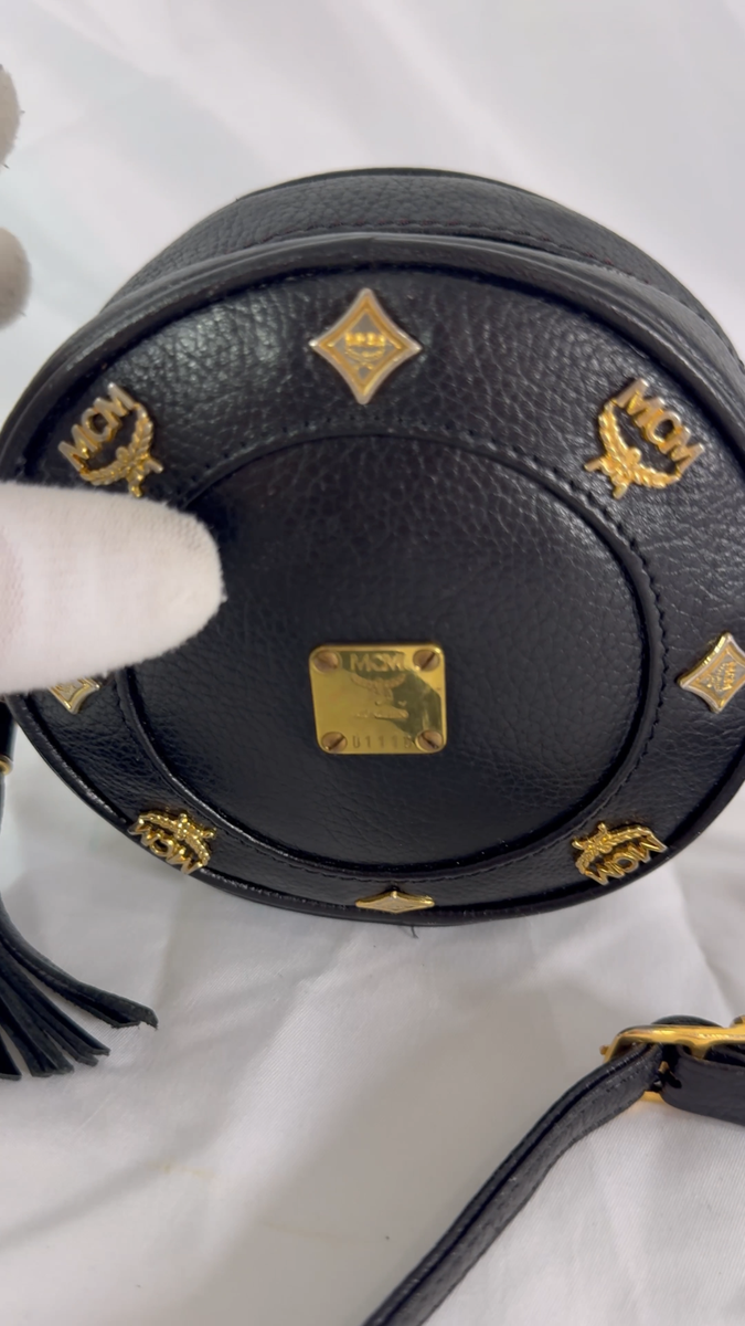 MCM Black Leather With Studded Tambourine Crossbody Funny Bag Made