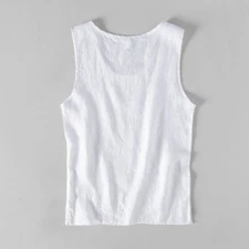 Men's Linen Tank Top Summer Sleeveless T-Shirt Breathable Casual Vest Round Neck