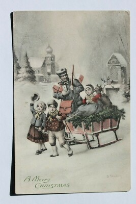 Old postcard A MERRY CHRISTMAS, mailman, children, sledge, 1914