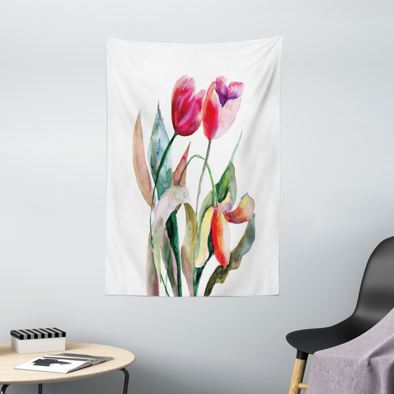 Art Tapestry Watercolor Tulip Flowers Print Wall Hanging Decor