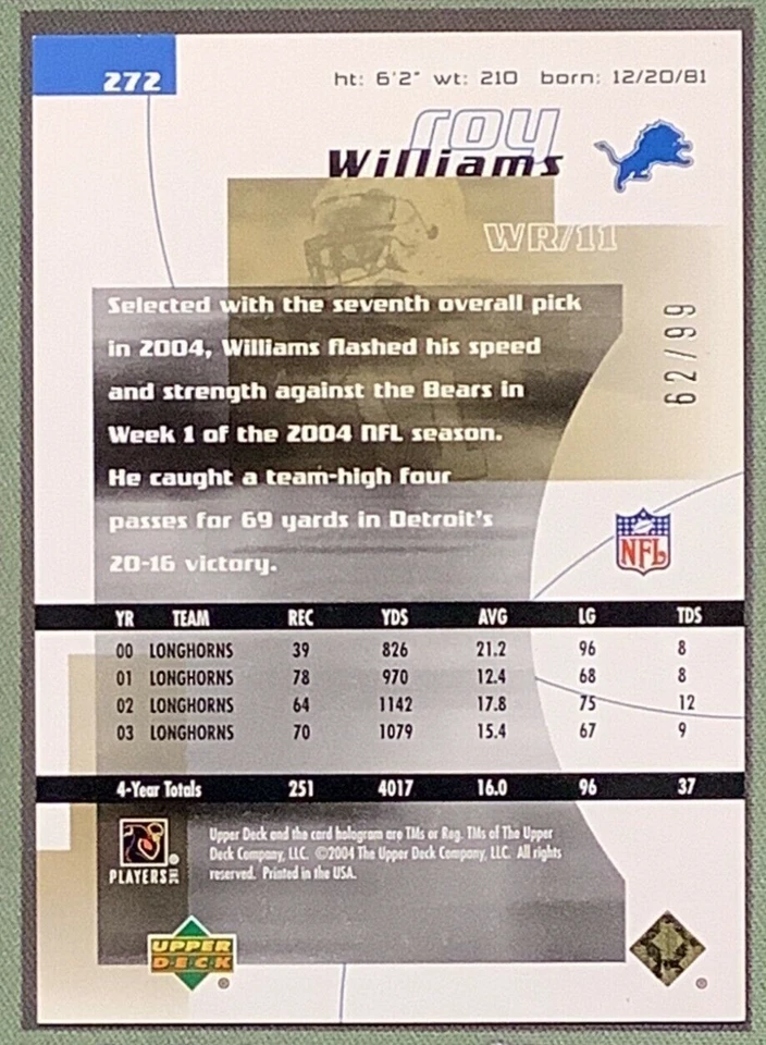 Tarjeta de novato 2004 Upper Deck #272 Roy Williams Finite Futures HG RC/99 Foto 2 de 3