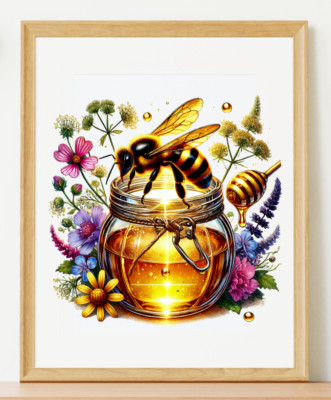 Bee Art Print, Jar of Honey Wall Art Decor, Botanical Wall Art, Nature ...