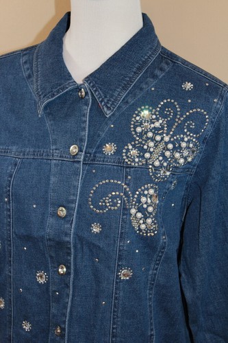 NWOT Woman Quacker Factory Denim Blue Butterfly Design Button Down Jacket M (416 - Picture 2 of 9