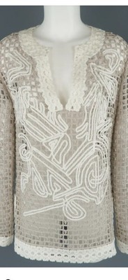OSCAR DE LA RENTA Taupe & Cream Cotton Crochet Knit Tunic Pullover Women XS