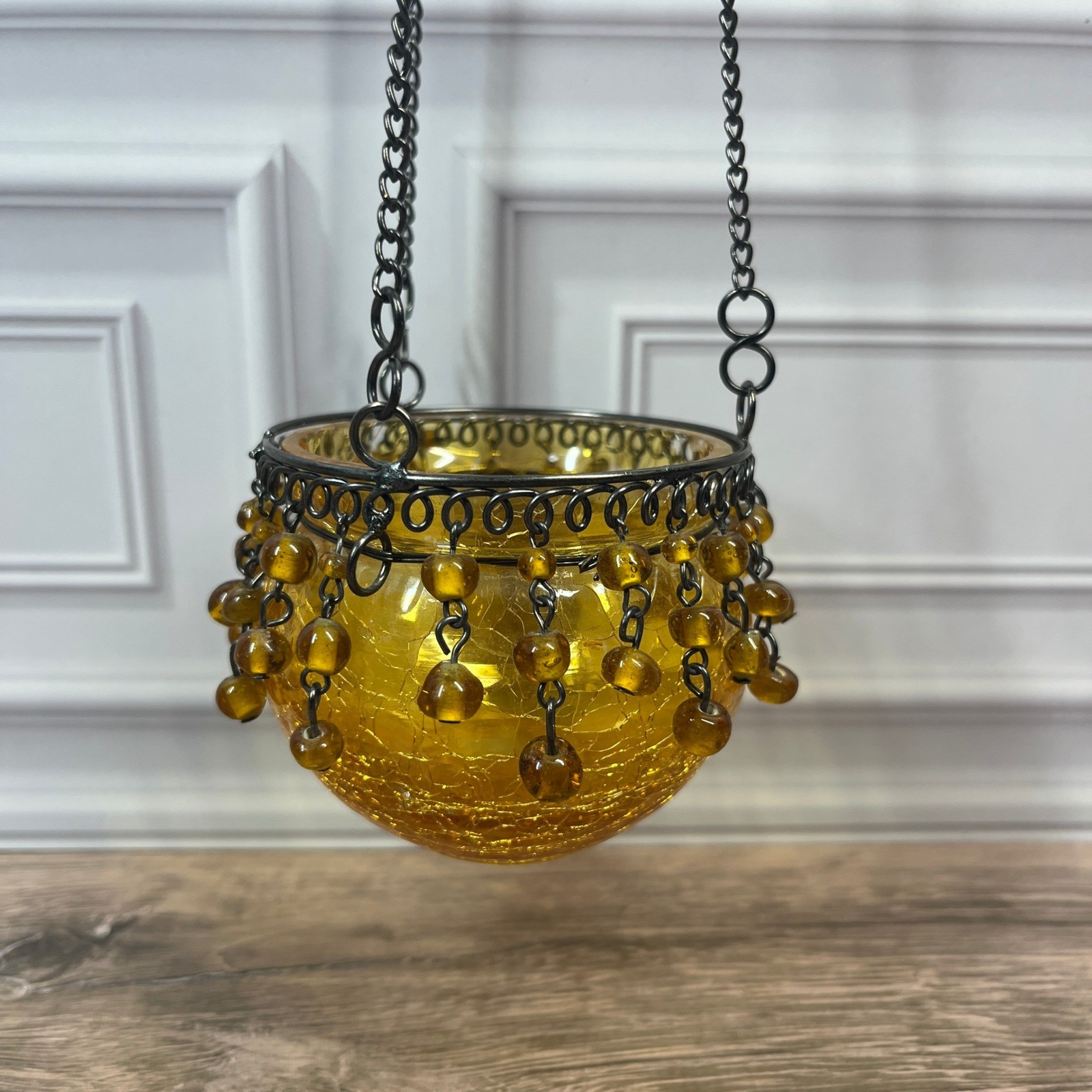 Amber Crackle Glass Beaded Boho Bronze Chain