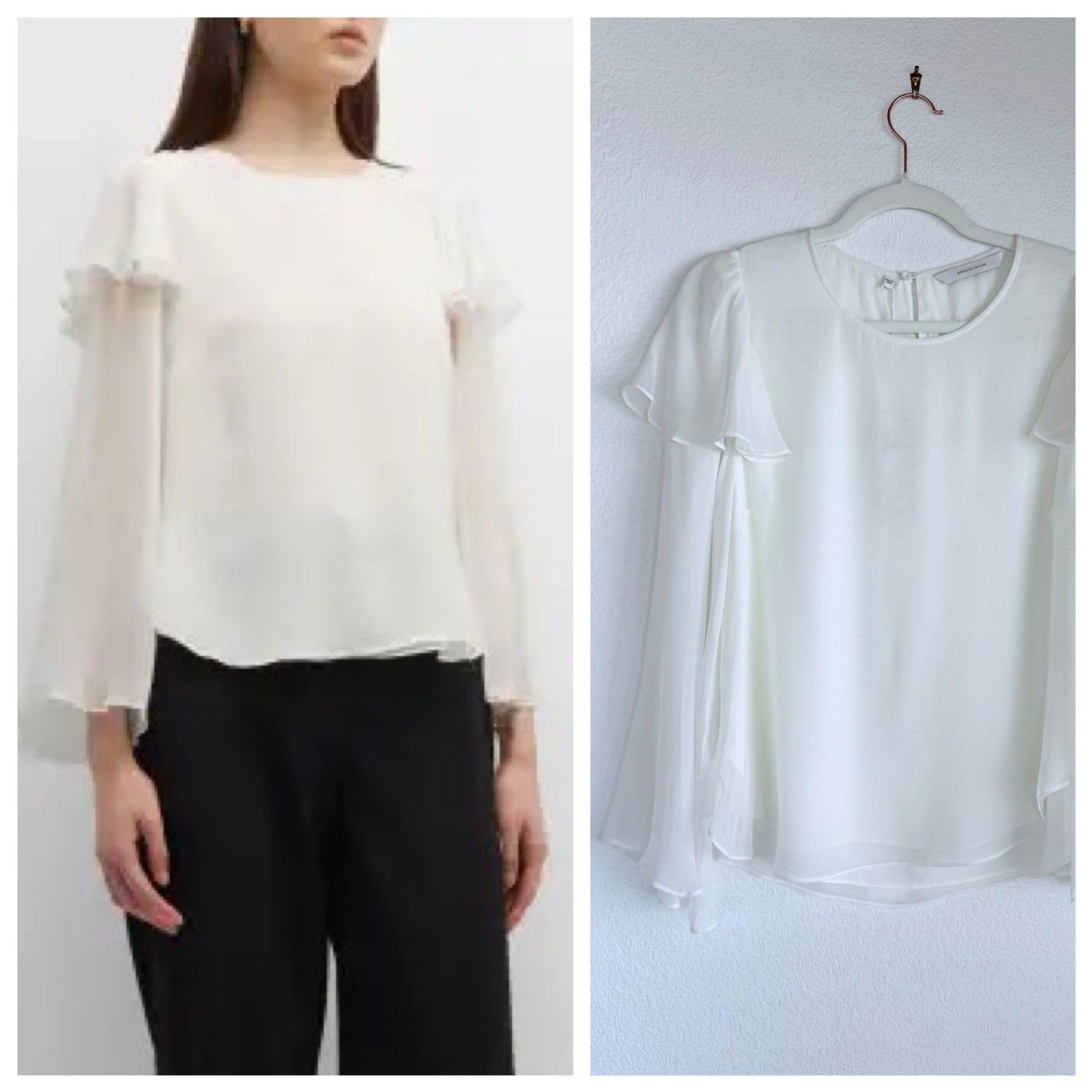 NWT Rebecca Taylor 100% Silk Ruffled Chiffon Blouse in Snow White Size 6