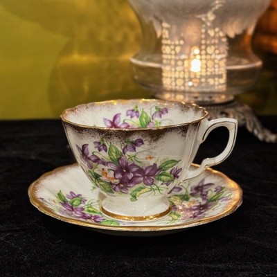 Vintage Adderley Violets Tea Cup & Saucer Gold Trim Bone China England