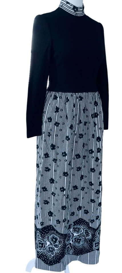 Vtg Francesca for Damon Wool Maxi Dress Size 8 Black Bodice Floral Stripe Italy - Image 3 of 4