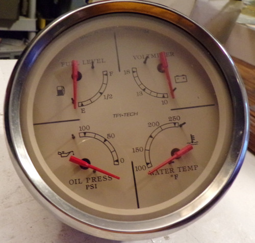 TPI-TECH GAUGES 4 IN 1, FUEL LEVEL, VOLTS, OIL PRESSURE, WATER TEMP, 4 1/4 INCH