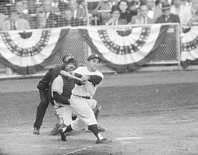 Yogi Berra catcher slugger for New York Yankees shown batting duri- Old Photo