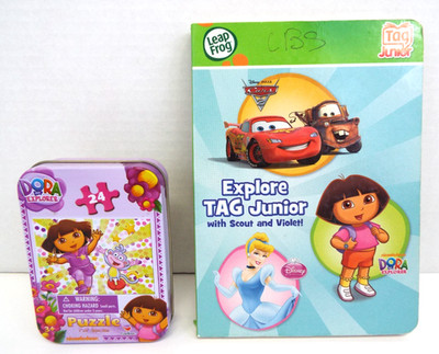 Dora Explorer Puzzle 24 pc in tin & Explore Leap Frog Tag Jr Scout & Violet USED