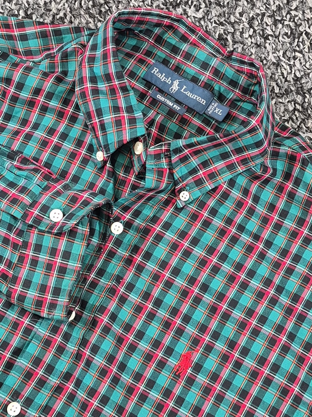 Ralph Lauren Custom Fit Button Down Shirt Mens XL Green Plaid Long Sleeve