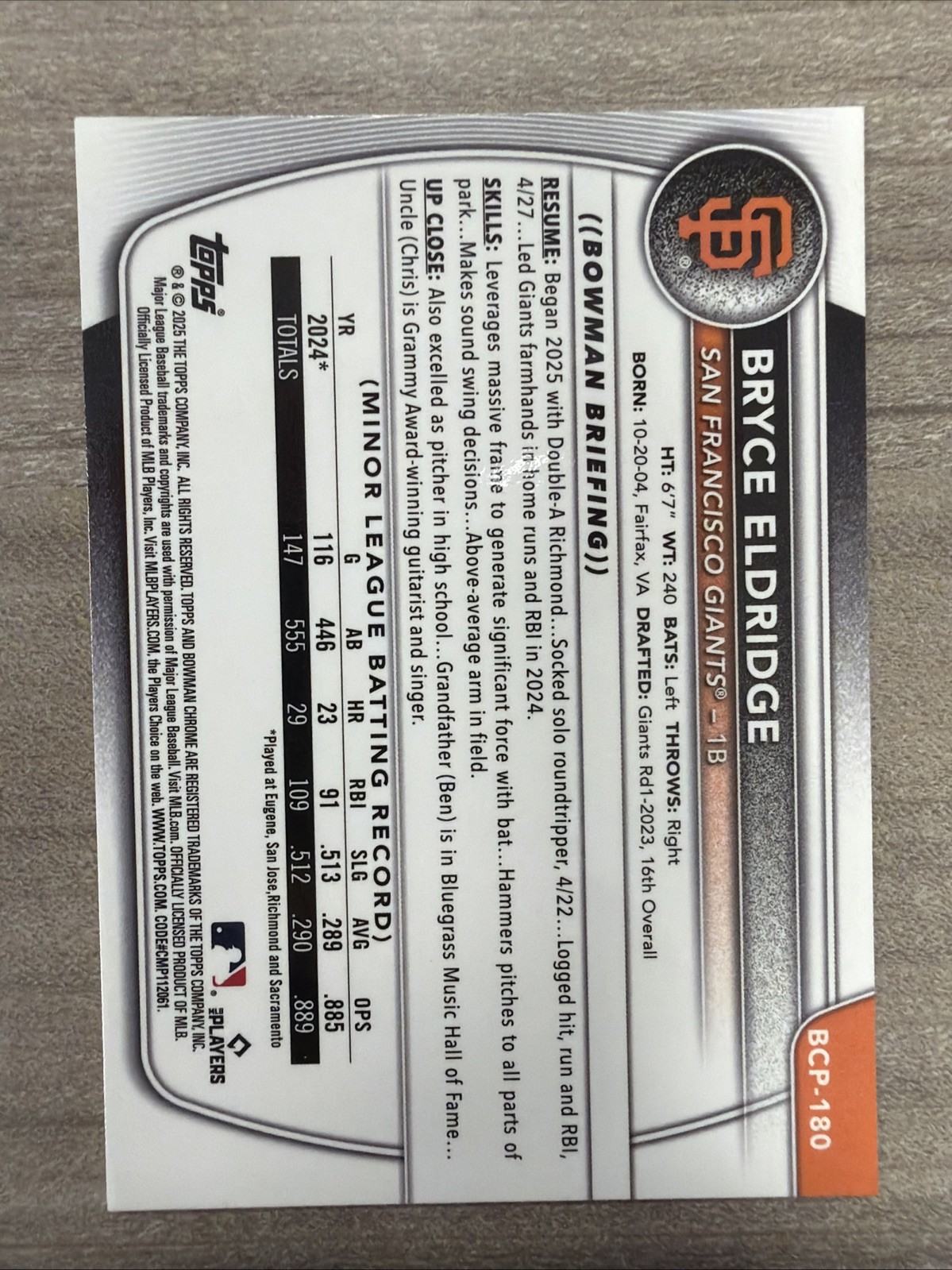 2025 Bowman Chrome Bryce Eldridge /150 Blue Geometric Refractor #BCP-180 Giants view 1