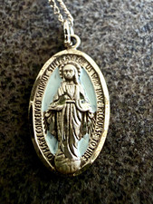 925 Sterling Silver Blue Enamel Miraculous Mary Pendant Necklace