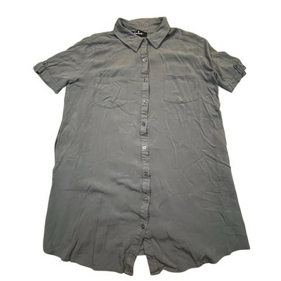 Lulus Oxford Comma Button Shirt Dress Gray Short Sleeve Pocket Mini Women XL