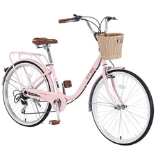 7 Speed City Bike with Basket, Steel Frame, Pink Color 26 Inch Girls Bicycle