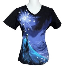 DISNEY Women's XS Black Blue Let it Go Frozen Elsa Snowflakes V-Neck Scrub Top