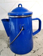 Camping Outdoors Enamelware Percolator Coffee Pot~Blue Speckled Gas/Electric 