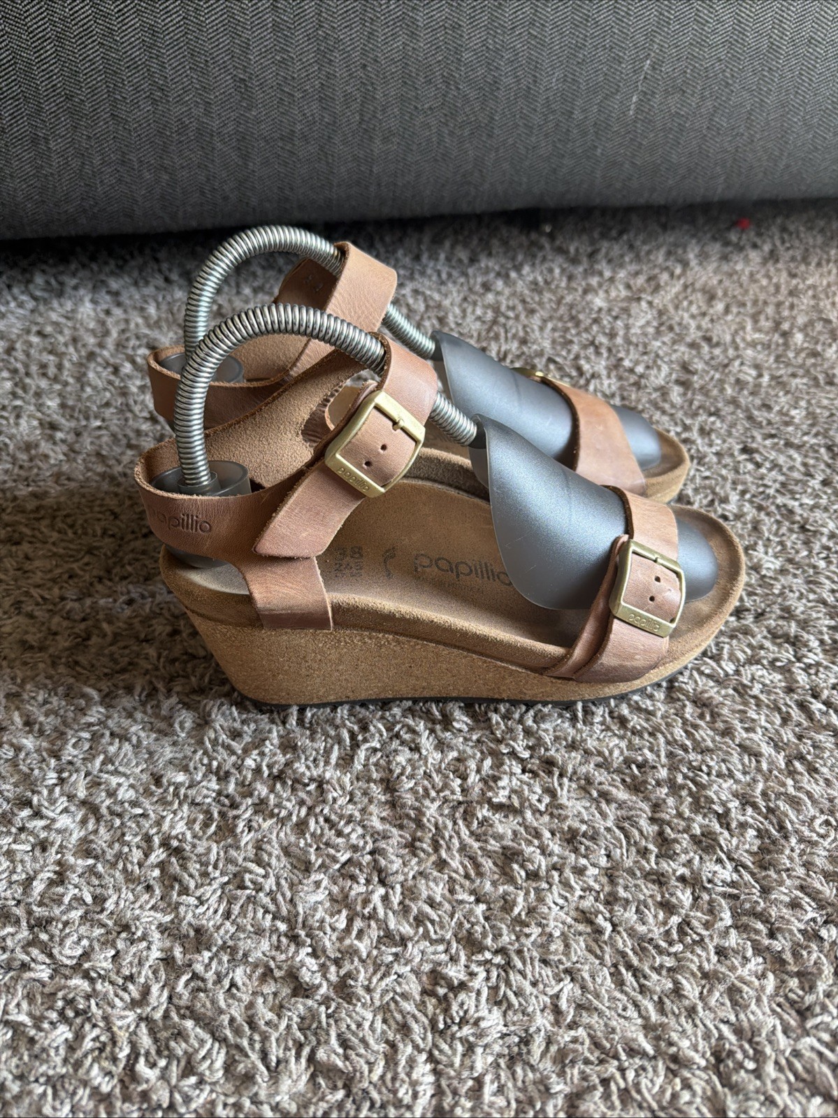 Birkenstock Papillio Soley Ring Buckle Sandals Leather Wedge Womens Sz 38 Tan