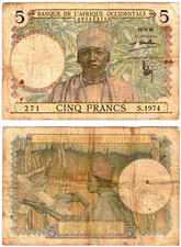 1936 French West Africa 5 Francs P21 circulated  SALE 12-03-1936