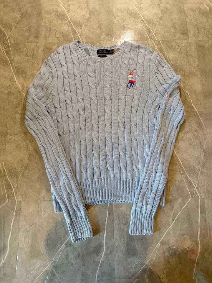 Pull Maille Torsadée Ralph Lauren Col Rond, Pima Coton, Bleu, Brodé Big #TRL2 - Photo 2/4