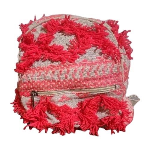 Mini Backpack Neon Pink & Linen Purse Travel Bag Zip Closure 9" x 8" x 5" - Picture 2 of 12