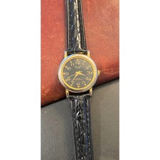 Women's 24mm Acuet Quartz Watch, Gold Tone, Black Face, Leather Band
