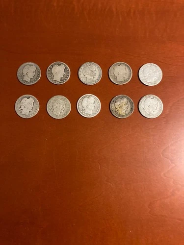 (Lot Of 10) U.S. Barber Quarters .900 Silver Coins 1898-1915 Circulated