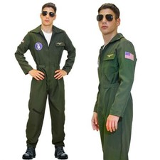 Mens Flight Suit Top Aviator Costume Gun Pilot Flying Uniform Fancy Dress 1980s
