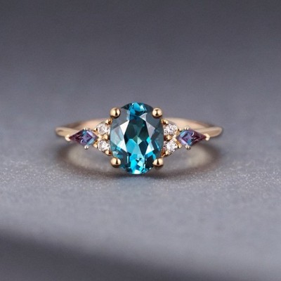 1Ct London Topaz Oval Unique Kite Cut Alexandrite Moissanite Wedding Ring
