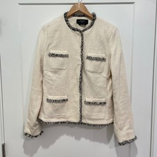 Weekend Max Mara Cream Tweed Fringe Trim Blazer Jacket Size 14 US 48 IT
