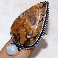 925 Silver Plated Long Australian Outback Jasper Rainbow Moonstone Ring US 10 GW