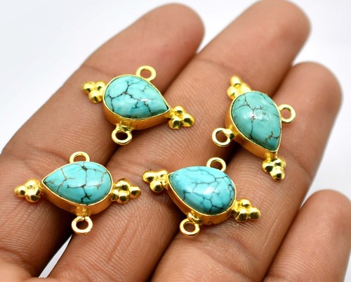 5 Pendentifs Connecteurs Turquoise 25x14mm - Lunette 2 Boucles Plaqué Or - Inde