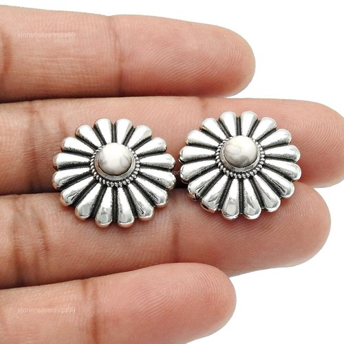 Natural White Turquoise Solid Sterling Silver Wife Boho Stud Earrings Jewelry - Picture 4 of 6