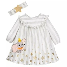 Disney Store Dumbo Dress Set Baby Gold Stars Stripes Headband Size 6/9 Months