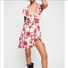 Free People French Quarter wrap dress red pink white floral ruffle new Small