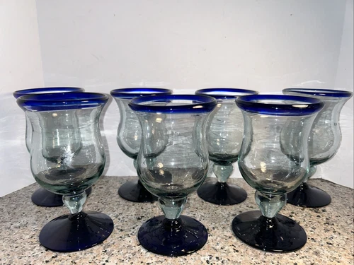 7 Mexican Hand Blown small stem goblets hurricane glass cobalt blue rim