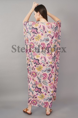 Alluring Indian Handmade Cotton Kaftan, Elegant Pink & Purple Floral Long Caftan - Picture 6 of 6