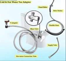 Brass Cold/Hot Water ABS Slim Toilet Bidet Sprayer 4-Ways Mixer T Valve Hose Set