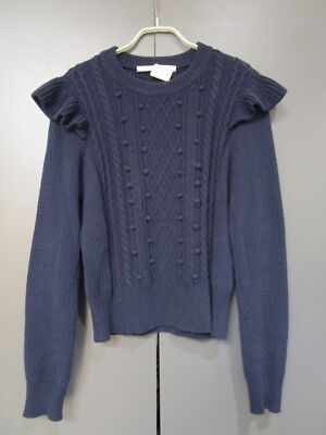Veronica Beard Strickpullover Dunkelblau Runder Ausschnitt Rüsche Gr M (Z20-231)
