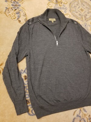 Burberry Sweater Men XL Extra Fine Merino Wool 1/4 Zip Grey Nova